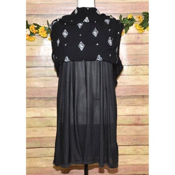 Entro Black Sleeveless A-Line Mini Dress L Floral Cream Embroidery High Neckline - Picture 10 of 13